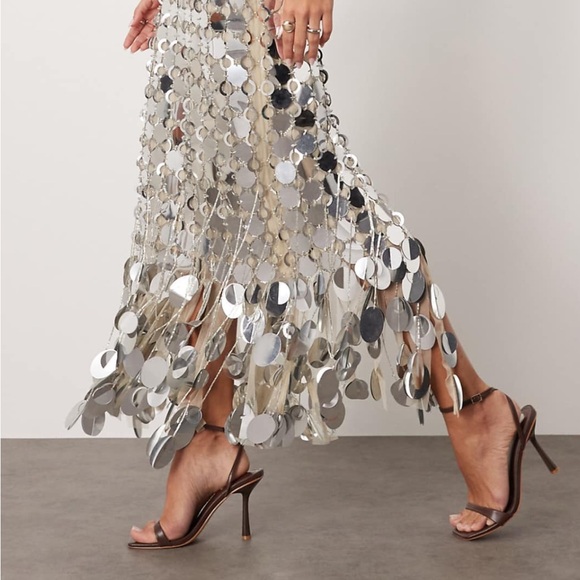 ASOS Dresses & Skirts - ASOS ARRANGE futurist sequin fringe hem midi skirt in silver